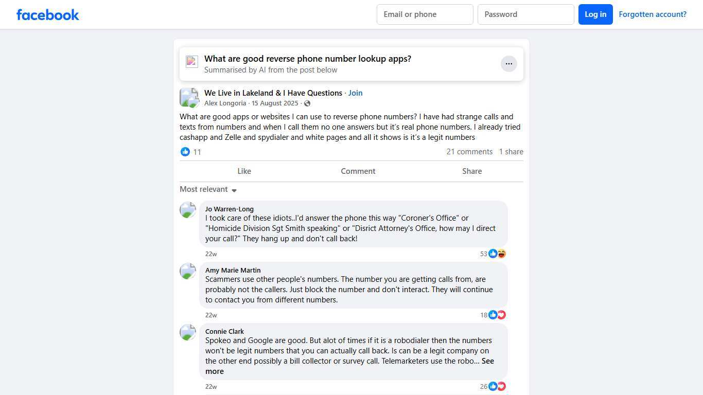 We Live in Lakeland & I Have Questions | What are good apps or websites I can use to reverse phone numbers | Facebook